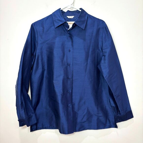 Talbots 100% Silk Shirt Royal Blue Button Front sz 14 Collared Satin Lightweight - Picture 1 of 9